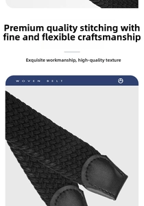 Detail of black woven elastic belt showing premium leather end and fine stitching finish