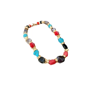 Vintage style colorful beaded necklace with irregular stones and golden T-bar toggle clasp