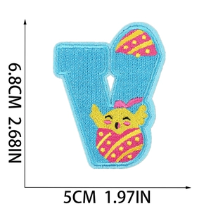 Detailed view of blue letter V Easter patch with chick design and size dimensions