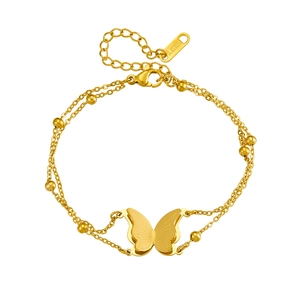 Gold stainless steel double layer butterfly bracelet with small beads for women