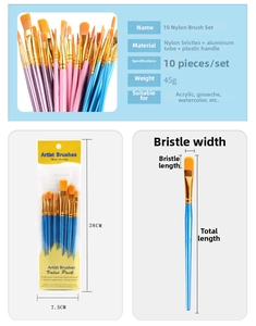 Detail of 10-piece nylon paint brush set with varied tips and colorful plastic handles