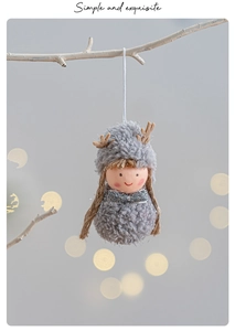 Exquisite Christmas doll hanging ornament with grey plush coat on white branches