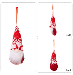 Detailed front side and back views of a red knitted Christmas gnome hanging ornament