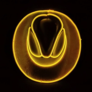 Top view of LED cowboy hat with bright yellow neon glowing edges on a black background