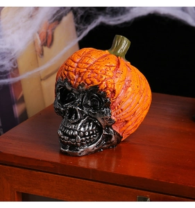 Macro detail of a resin Halloween skull with a pumpkin hat on a spooky spiderweb background