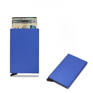 Detail of RFID blocking aluminum card holder with automatic pop-up mechanism in dark blue