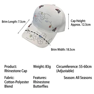 Adjustable white baseball cap with rhinestone butterfly and floral patterns for women