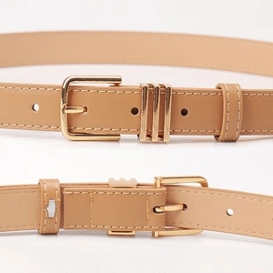 Khaki thin faux leather belt with golden metal buckle for women, front and back view