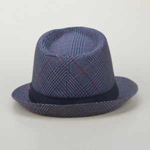 Macro shot of striped British style fedora hat showing blue grey fabric and navy band
