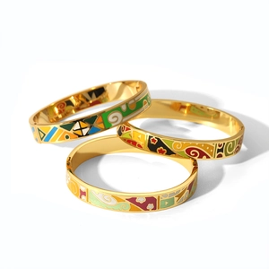 Three-piece gold titanium steel bracelets with colorful cloud enamel abstract patterns