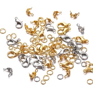 Detailed set of gold and silver lobster clasps and jump rings for DIY jewelry making