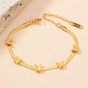 18k gold plated stainless steel snake chain bracelet with five frosted butterfly charms