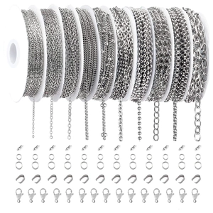 Detail view of 12 rolls of silver stainless steel chains with jump rings and lobster clasps