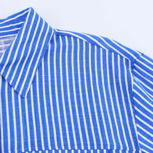 Relaxed blue and white striped linen blend shirt with classic collar and shoulder detail