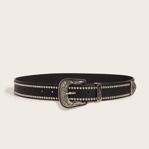 Western style black leather belt with double row silver studs and engraved buckle