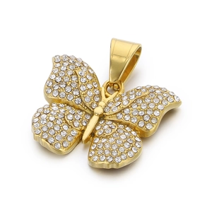 Elegant gold butterfly pendant necklace with shimmering pave crystals on white background