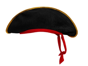 Close-up of black pirate hat with golden braided trim and red fabric ribbon tie detail
