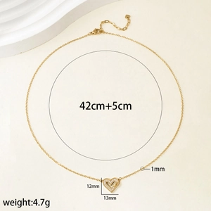 Golden stainless steel heart pendant necklace with dimensions and 42+5cm chain length