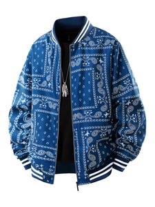 Blouson aviateur pour homme bleu marine à imprimé cachemire avec finitions rayées