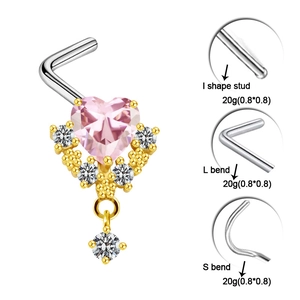 Detailed view of pink heart nose stud with I-shape, L-bend, and S-bend post options