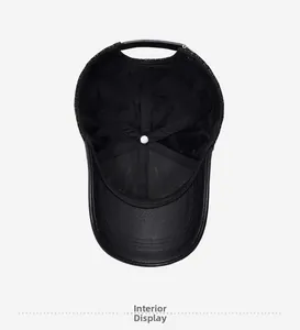 Detailed interior view of men's leather baseball cap showing warm black fleece lining