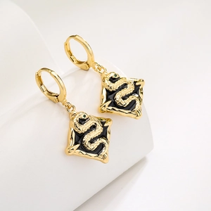18K gold-plated snake totem earrings with black square base and green crystal eyes
