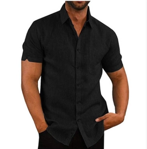 Men's black short sleeve linen shirt featuring a classic lapel collar and chest pocket