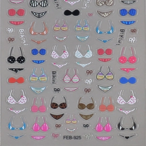 3D relief nail stickers featuring colorful bikini patterns and vibrant summer swimsuits