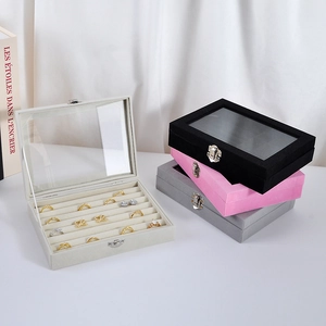 Velvet jewelry box with glass lid for rings and earrings in multiple colors