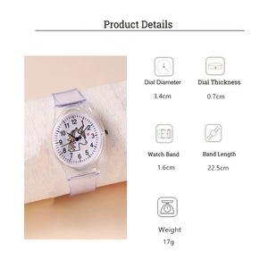 Detail view of children's unicorn watch with transparent strap and specifications