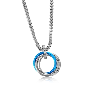 Detailed close-up of interlocking silver and blue rings pendant on a silver box chain