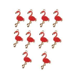Detailed view of ten red flamingo alloy pendants for DIY necklace and earring making