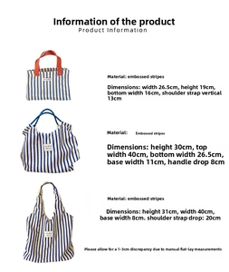 Detailed sizing specifications for three different striped canvas tote bag styles