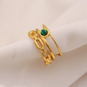 Detail of 18K gold-plated multi-layer ring with chain links and green malachite stone