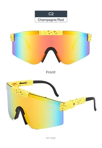 Front and 45-degree side views of yellow speckled cycling sunglasses with rainbow lenses