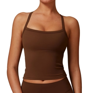 Women's dark brown square neck yoga tank top with brushed high-stretch athletic fabric