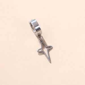 Macro shot of silver stainless steel hoop earring with a hollow four-pointed star pendant