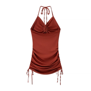 Detailed view of ruched red-brown halter top with adjustable side drawstrings texture