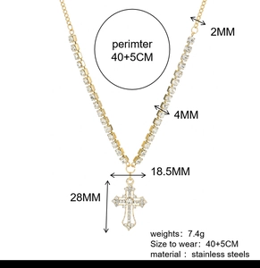 Detailed size specifications for the gold stainless steel cross necklace with crystal