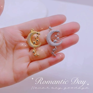 Gold and silver crescent moon and star pendant charms with micro-pave cubic zirconia