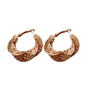 Golden Greek Key hollow hoop earrings featuring a minimalist twisted open-work design