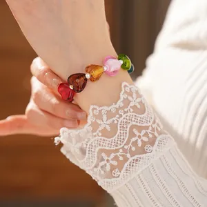 Colorful Glass Heart Bead Bracelet With Faux Artificial Pearls Copper OT Clasp Sweet Fashion Jewelry For Women