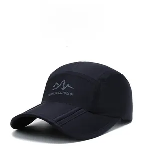 Detailed side view of navy quick-dry baseball cap with UPF 50 plus sun protection icon
