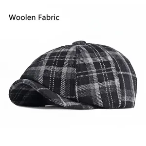 Classic plaid woolen newsboy cap for women and men featuring retro octagonal peak design