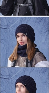 Close-up of navy knit winter hat and neck warmer set with thick fleece lining