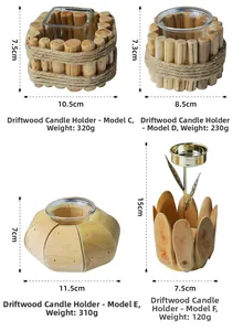 Detail view of driftwood candle holder dimensions and weight specifications on white background