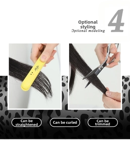 Detailed view showing the Cruella wig being straightened and trimmed with styling tools