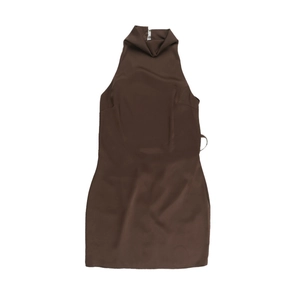Detail view of brown satin halter neck mini dress with a glossy finish and bodycon fit