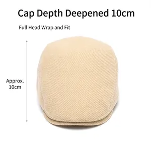 Beige wool blend newsboy cap with 10cm deep design for full head coverage and snug fit
