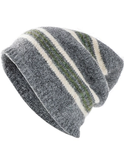Close-up detail of soft wool blend knit fabric with white and olive green stripes